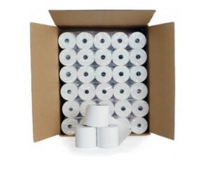 Photo d'un carton de 60 rouleaux de papier thermique pour balance à ticket