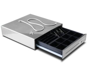 Photo d'un tiroir caisse en inox pour balance Helmac GPELT