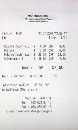 Photo d'un exemple de ticket par impression thermique